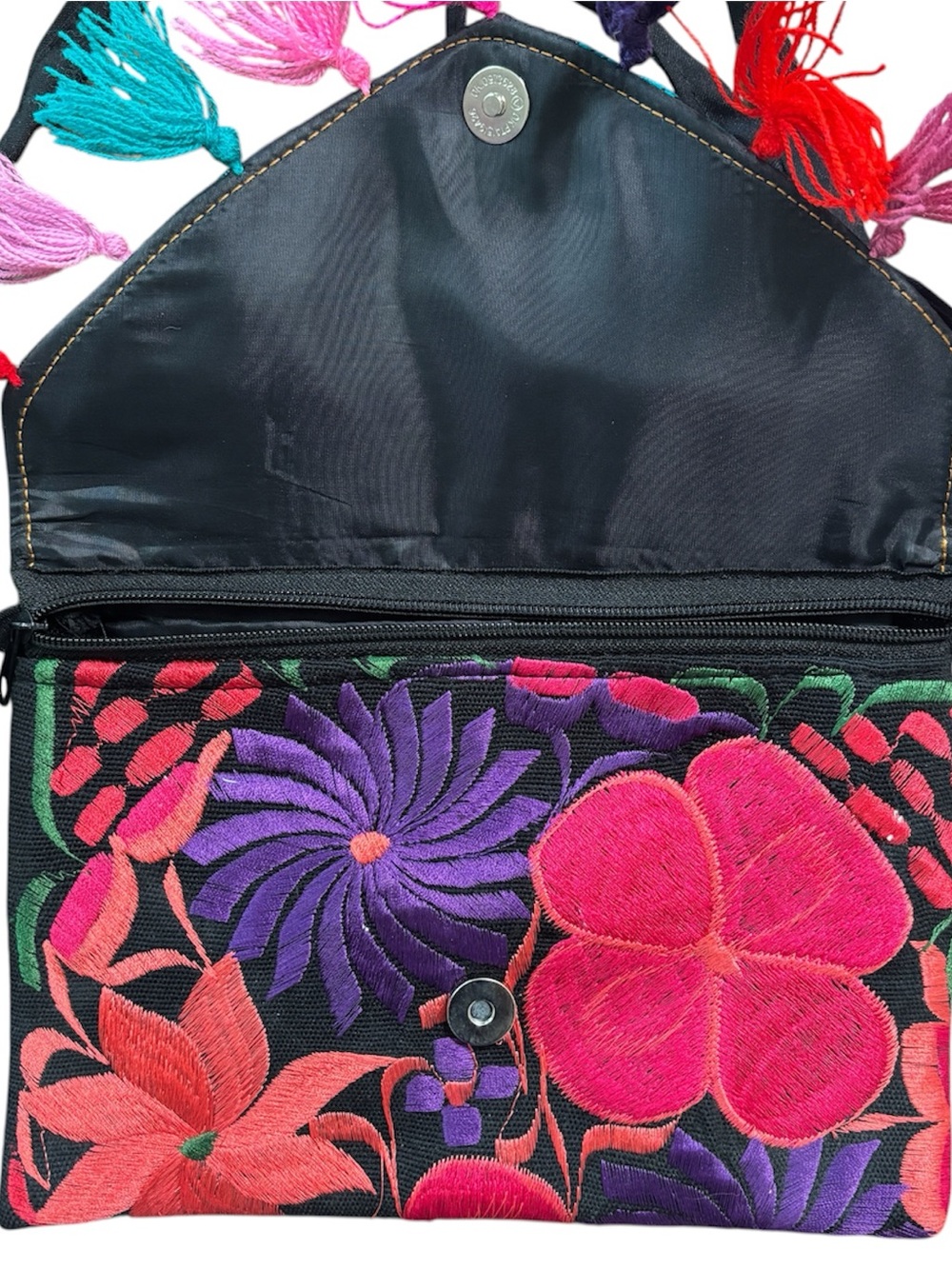 Mexican Embroidered Clutch Crossbody Bag With Tassels Handmade Colorful Oaxaca - Picture 3 of 5
